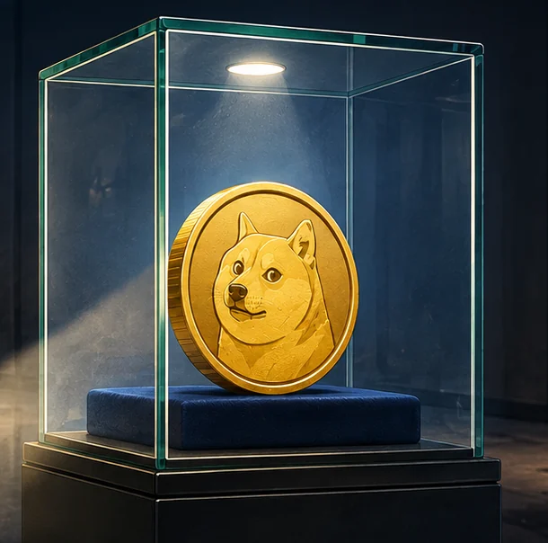 The gold Doge coin standing on a navy velvet cushion inside a lit glass display case.